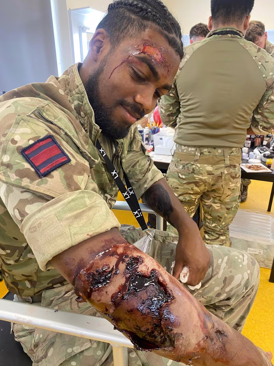 Casualty simulation arm wound created during British Army training