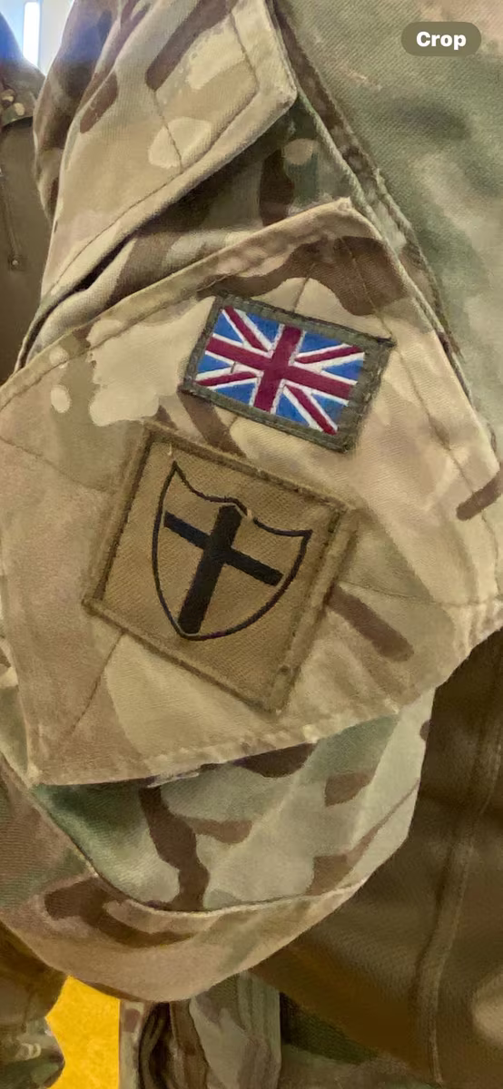 British Army insignia on uniform during casualty simulation training