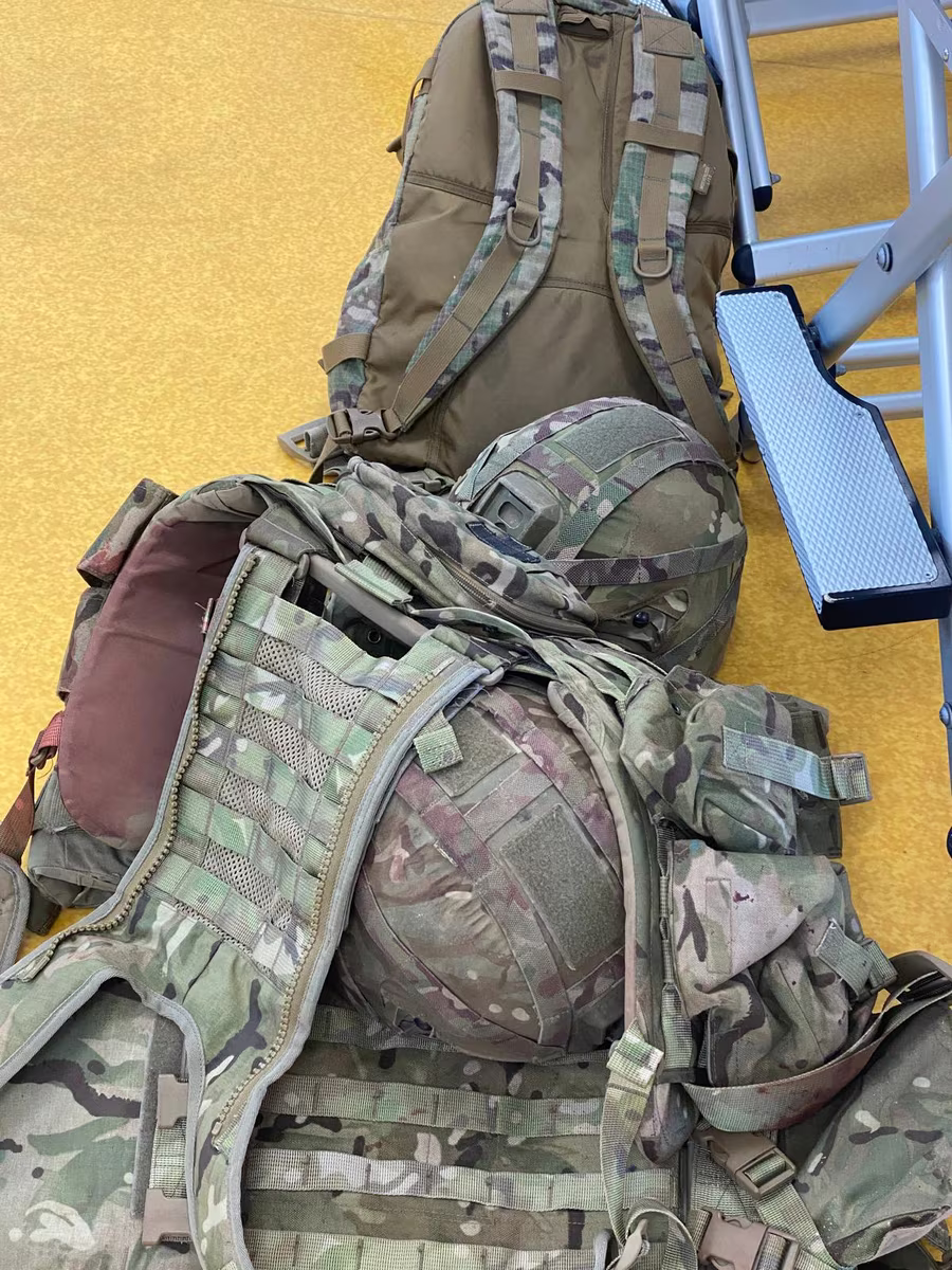 Military kit and helmet at Brushstroke casualty simulation training